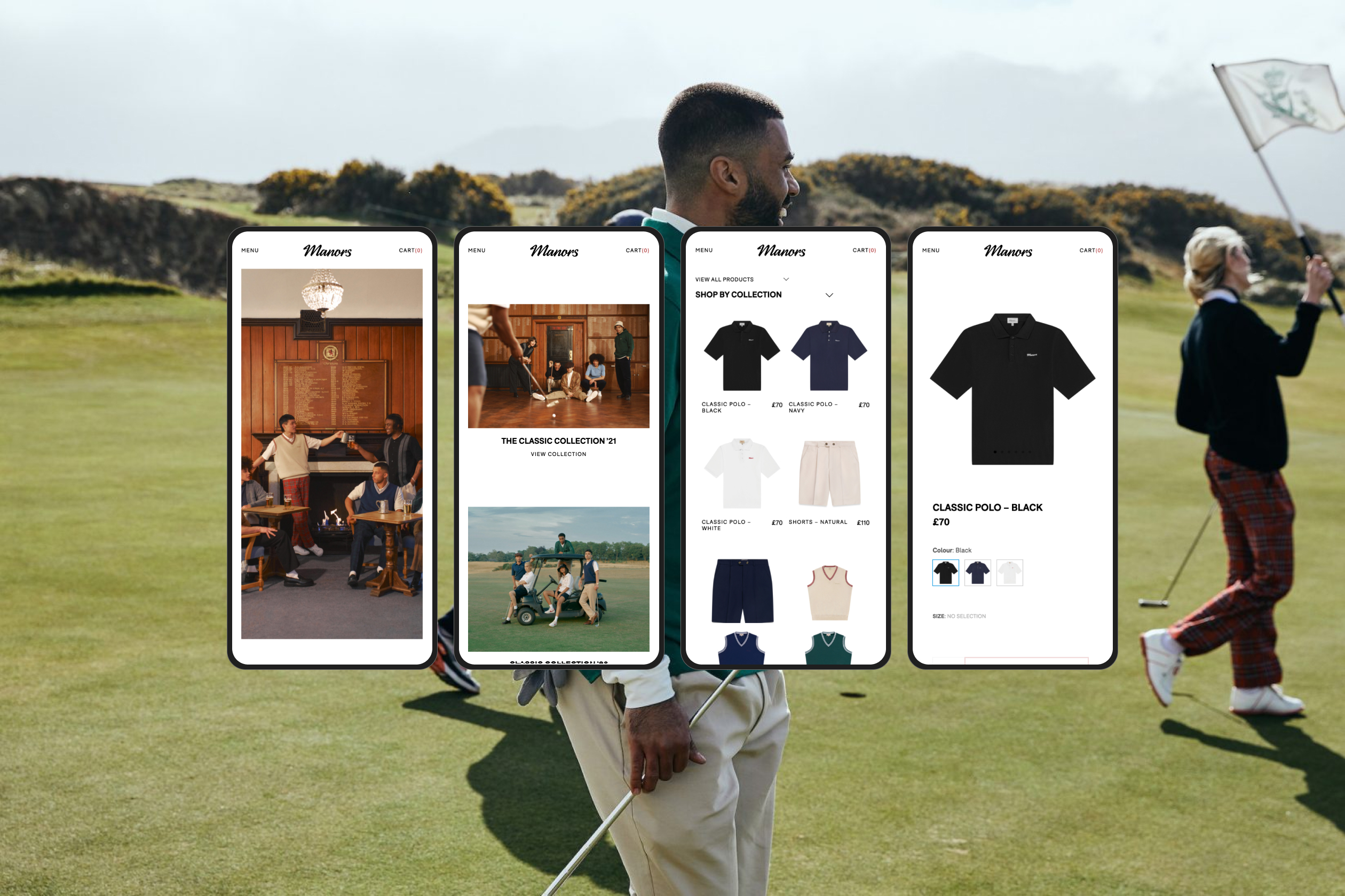 Diseño de marca y web para marca de ropa de Golf Manors UI UX Branding