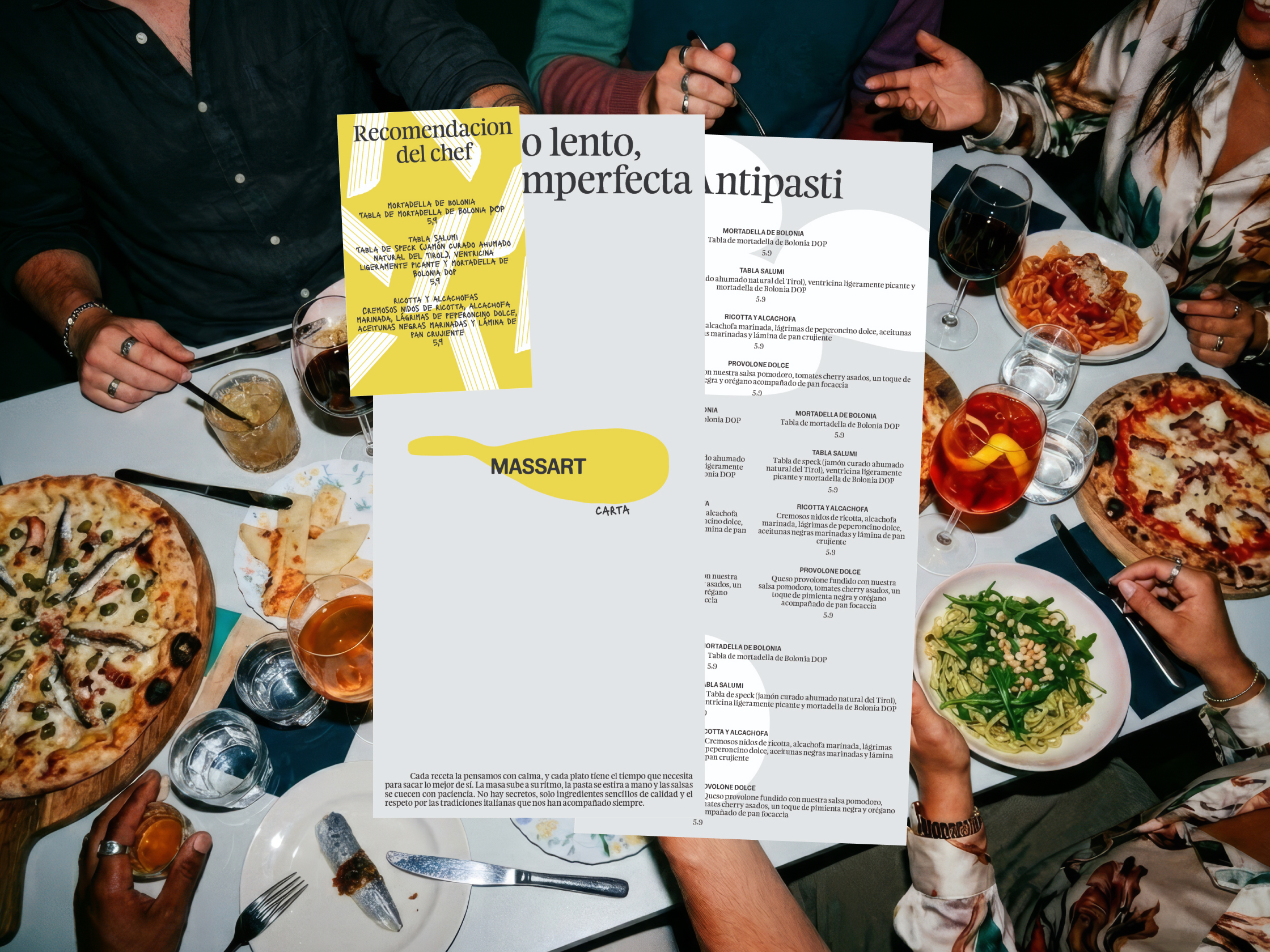 Diseño editorial y maquetación de cartas de menú para el sector hospitality y pizzerías.