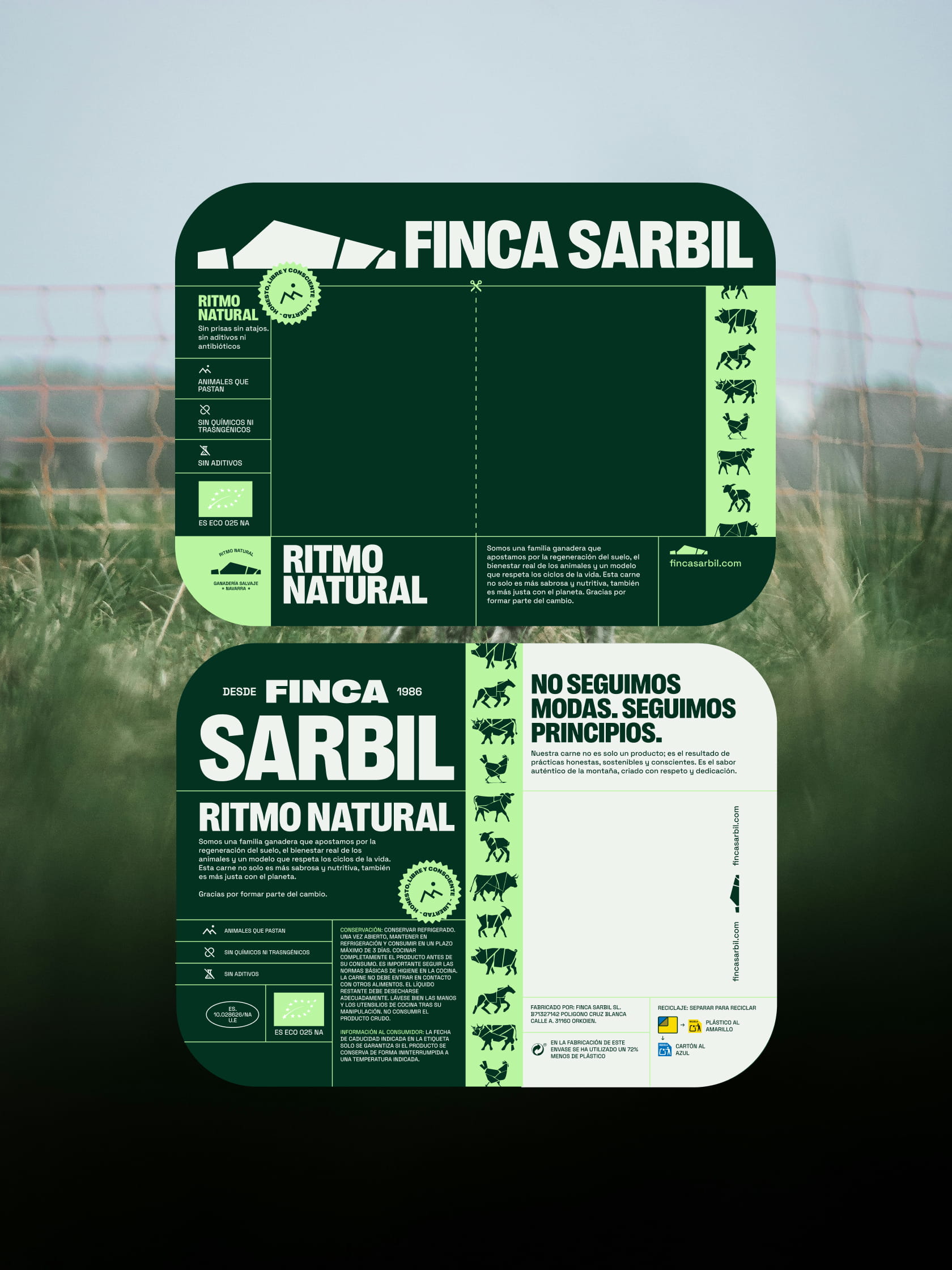 Diseño de packaging sostenible y etiquetas para producción de carne de vacuno ecológica.